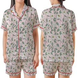 Women's Elegant Hand-Drawn Creamy White Camellia Floral Pastel Pink Diagonal Stripe Sage Green Botanical Satin Short-Sleeve Pajamas Set