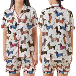 Dachshund Lovers' Whimsical Dachshund Dog Pattern Dressed in Red Pink Blue Plaid Striped Outfits White Background Satin Short-Sleeve Pajamas Set