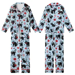 Cat Lovers' Whimsical Black Cat Pastel Blue All-Over Red Hearts Fanged Mouths Yarn Balls Pattern Kid Satin Pajamas Set
