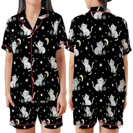 Cat Lovers' Whimsical Illustrative White & Grey Cats Starry Black Pattern, Pale Yellow Moons & Pastel Yarn Satin Short-Sleeve Pajamas Set