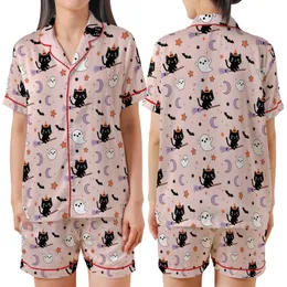 Cute Halloween Lovers' Pastel Pink Whimsical Black Cat Ghost Bat Lavender Orange Star Pattern Satin Short-Sleeve Pajamas Set