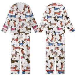 Dachshund Lovers' Whimsical Dachshund Dog Pattern Dressed in Red Pink Blue Plaid Striped Outfits White Background Kid Satin Pajamas Set