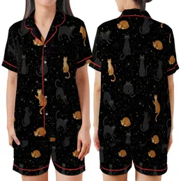 Cat Lovers' Seamless Cosmic Cat Pattern with Stargazing Black & Ginger Felines, Muted Gold Stars on Deep Black Satin Short-Sleeve Pajamas Set