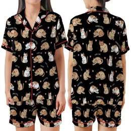 Cat Lovers' Whimsical Cartoon Cats Tan Brown Pink Hearts Black Background Pattern Satin Short-Sleeve Pajamas Set