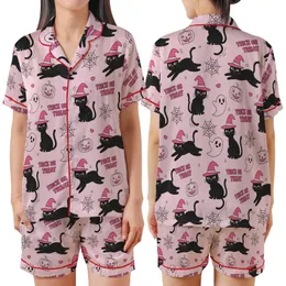 Halloween Cat Lovers' Whimsical Light Pink Black Cat Bright Pink Witch Hat All-Over Pattern with Jack-O'-Lanterns and Ghosts Satin Short-Sleeve Pajamas Set