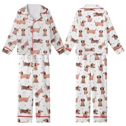 Dachshund Lovers' Whimsical Salmon Pink Light Brown Striped Dachshund Line Art Playful Pattern Kid Satin Pajamas Set
