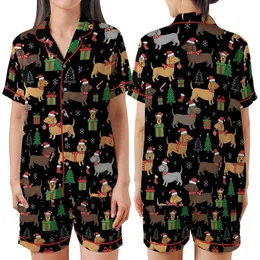 Dog Owners' Cute Cartoon Black Christmas Dog Pattern with Festive Santa Hats & Candy Canes Satin Short-Sleeve Pajamas Set