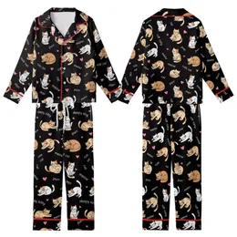 Cat Lovers' Whimsical Cartoon Cats Tan Brown Pink Hearts Black Background Pattern Kid Satin Pajamas Set