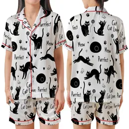 Cat Lover's Whimsical Black Cats Seamless Pattern: Playful Kittens, Butterfly & 'Meow' Text Satin Short-Sleeve Pajamas Set