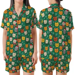Cat Lovers' Vibrant Emerald Green Flat Graphic Cartoon Cat Faces Festive Santa Elf Hat Antlers Snowflakes Pattern Satin Short-Sleeve Pajamas Set