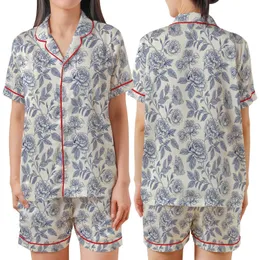 Women's Monochromatic Indigo Blue-Grey Toile Peony & Rose Botanical Satin Short-Sleeve Pajamas Set