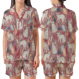 Whimsical Cat Lovers' Soft Dusty Rose Pink Hand-Drawn Cats with Vibrant Speckles & Doodle Art Pattern Satin Short-Sleeve Pajamas Set