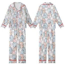 Cat Lovers' Whimsical Pastel All-Over Print Cute Cartoon Cats Seamless Pattern with Expressive Felines & Yarn Balls Kid Satin Pajamas Set