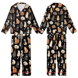 Cat Lovers' Illustrative Seamless Pattern: Natural Posing Cats with Tabby Calico Tuxedo Fur on Black Kid Satin Pajamas Set