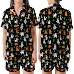 Playful Cat & Cannabis Enthusiasts' Flat Art Cats Orange Sunglasses Green Cannabis Leaves Seamless Black Pattern Satin Short-Sleeve Pajamas Set