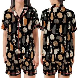 Cat Lovers' Illustrative Seamless Pattern: Natural Posing Cats with Tabby Calico Tuxedo Fur on Black Satin Short-Sleeve Pajamas Set