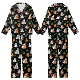 Playful Cat & Cannabis Enthusiasts' Flat Art Cats Orange Sunglasses Green Cannabis Leaves Seamless Black Pattern Kid Satin Pajamas Set