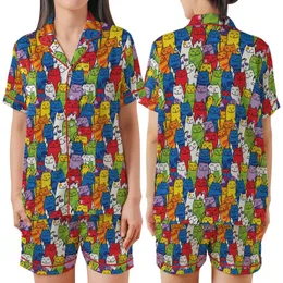 Cat Lovers' Whimsical Cartoon Cat Doodle Pattern in Vibrant Multi-Color with Stars and Paw Prints Satin Short-Sleeve Pajamas Set