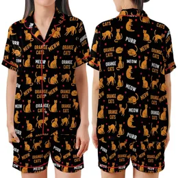 Orange Cat Lovers' Bold Flat Graphic Orange Cat Playful Pose Pattern Black White Orange Text Red Paw Prints Satin Short-Sleeve Pajamas Set