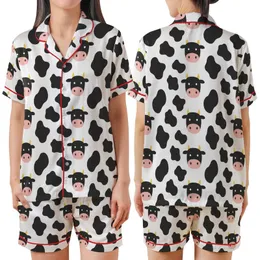 Playful Style Enthusiasts' Cheerful Minimalist Cow Spot Pattern with Pink Muzzles & Yellow Horns Satin Short-Sleeve Pajamas Set
