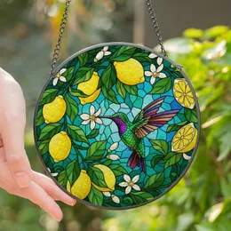 Nature's Jewel: Stained Glass Hummingbird, Lemons & Blossoms Art Print Stained Glass Suncatcher