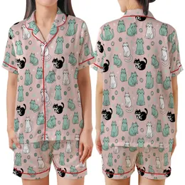 Cat Lovers' Whimsical Blush Pink Pattern with Playful Teal White Black Grey Cartoon Cats, Yarn, Paw Prints Satin Short-Sleeve Pajamas Set