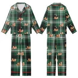 Whimsical Animal Art Lovers' Emerald Green Plaid Pattern with Playful Cartoon Dogs, Foxes, and Gentle Beige 'I'M OK' Hand Motif Kid Satin Pajamas Set