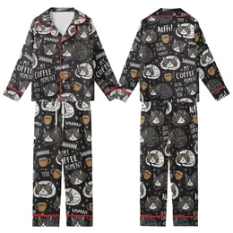 Cat & Coffee Lovers' Grumpy Tabby Cats & Coffee Cups Charcoal Black All Over Illustrative Pattern with Yellow Eyes Kid Satin Pajamas Set