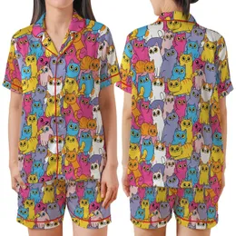 Cat Lovers' Whimsical Cartoon Cats Bold Outline Hot Pink Yellow Blue Purple Repeating Pattern Satin Short-Sleeve Pajamas Set