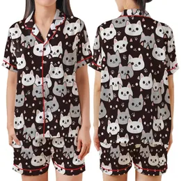 Cat Lovers' Playful Cartoon Feline Faces Seamless Pattern Dark Brown White Pink Satin Short-Sleeve Pajamas Set