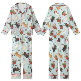 Cat Lovers' Whimsical Festive Cats Watercolor Pattern with Santa Hats, Gift Boxes, Ornaments, Snowflakes on Pastel Blue Kid Satin Pajamas Set