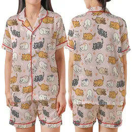 Cat Lovers' Whimsical Pink Cartoon Cat Pattern, Diverse Felines with Orange Paw Prints & Fish Skeletons Satin Short-Sleeve Pajamas Set