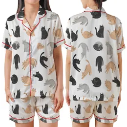 Cat Lovers' All-Over Playful Cartoon Cats Flat Graphic Design White Background Pastel Accents Satin Short-Sleeve Pajamas Set