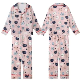 Cat Lovers' Whimsical Hand-Drawn Cartoon Cats Flat Pattern, Light Bubblegum Pink with Navy, Pale Peach, Light Blue-Grey Accents Kid Satin Pajamas Set