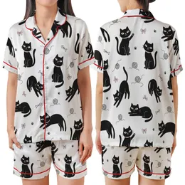 Cat Lovers' Whimsical Black Cats White Background Cartoon Design with Pink Accents, Yarn Balls & Paw Prints Satin Short-Sleeve Pajamas Set