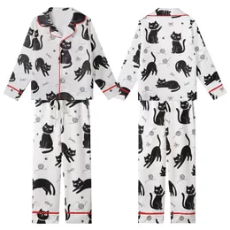 Cat Lovers' Whimsical Black Cats White Background Cartoon Design with Pink Accents, Yarn Balls & Paw Prints Kid Satin Pajamas Set
