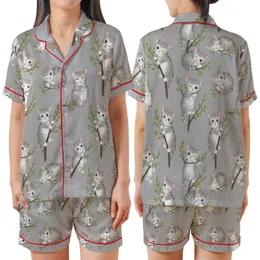 Cute Cat Enthusiasts' Whimsical Fluffy Grey White Kittens Blue Eyes Pink Paw Pads Green Leaf Branches Heather Grey Pattern Satin Short-Sleeve Pajamas Set