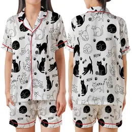 Cat Lovers' Playful Black White Hand-Drawn Cats All-Over Pattern with Silhouettes Line Art Paw Prints & MEOW Satin Short-Sleeve Pajamas Set