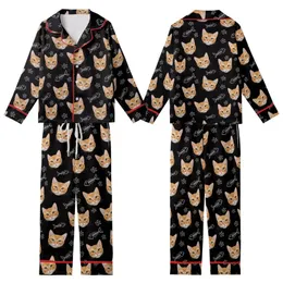 Cat Lovers' Black Whimsical Photo-Realistic Ginger Cat Faces & Hand-Drawn White Fish Skeletons Pattern Kid Satin Pajamas Set