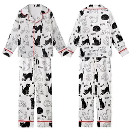 Cat Lovers' Playful Black White Hand-Drawn Cats All-Over Pattern with Silhouettes Line Art Paw Prints & MEOW Kid Satin Pajamas Set