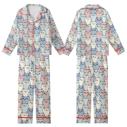 Cat Enthusiasts' Hand-Drawn Pastel Cartoon Cats Seamless Pattern with Bold Black Outlines Kid Satin Pajamas Set
