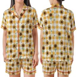 Nature Lovers' Whimsical Orange Yellow Gingham Sunflowers Pastel Green Stems Tiny Yellow Stars Satin Short-Sleeve Pajamas Set
