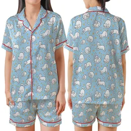 Cat Lovers' Whimsical Black Cartoon Cats Golden Yarn Paw Prints Light Sky Blue Pattern Satin Short-Sleeve Pajamas Set