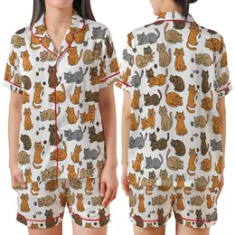 Cat Lovers' Whimsical Hand-Drawn Cartoon Cats Seamless Pattern: Ginger Orange, Caramel, Grey on Bright White Satin Short-Sleeve Pajamas Set