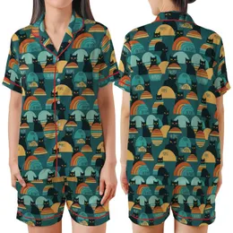 Cat Lovers' Retro Grunge Black Cats Yellow Eyes Distressed Teal Orange Stripes Semi-Circles Pattern Satin Short-Sleeve Pajamas Set