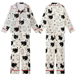 Cat Lovers' Whimsical Black Cat Silhouette & Outline Seamless Pattern with Yarn Balls on Creamy Off-White Kid Satin Pajamas Set