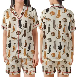 Cat Lovers' Creamy White Seamless Pattern with Diverse Illustrative Brown Gray Ginger Calico Tortoiseshell Cats Satin Short-Sleeve Pajamas Set