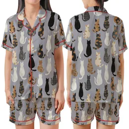 Cat Lovers' Artistic Feline Friends From Behind Repeat Pattern Muted Lavender-Grey Multi-Tone Furs Satin Short-Sleeve Pajamas Set