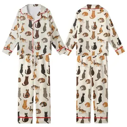 Cat Lovers' Creamy White Seamless Pattern with Diverse Illustrative Brown Gray Ginger Calico Tortoiseshell Cats Kid Satin Pajamas Set