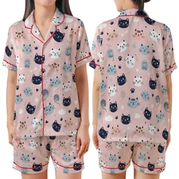 Cat Lovers' Whimsical Hand-Drawn Cartoon Cats Flat Pattern, Light Bubblegum Pink with Navy, Pale Peach, Light Blue-Grey Accents Satin Short-Sleeve Pajamas Set